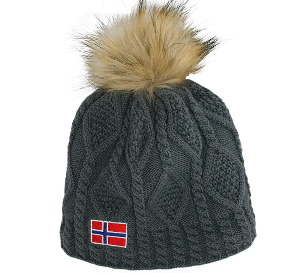 Hovedbilde Strikkelue med dusk, grå med flagg